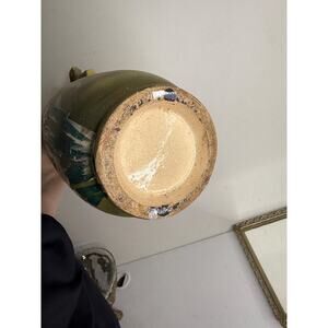 Stunning Large Antique Asian Handpainted Pottery Vase Ruffle Rim Handles Raised